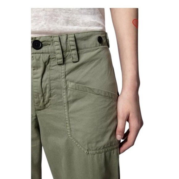 Zadig & Voltaire Pamela Cotton Olive Cargo Pants with Black Button Trouser SZ 30 - Picture 3 of 12
